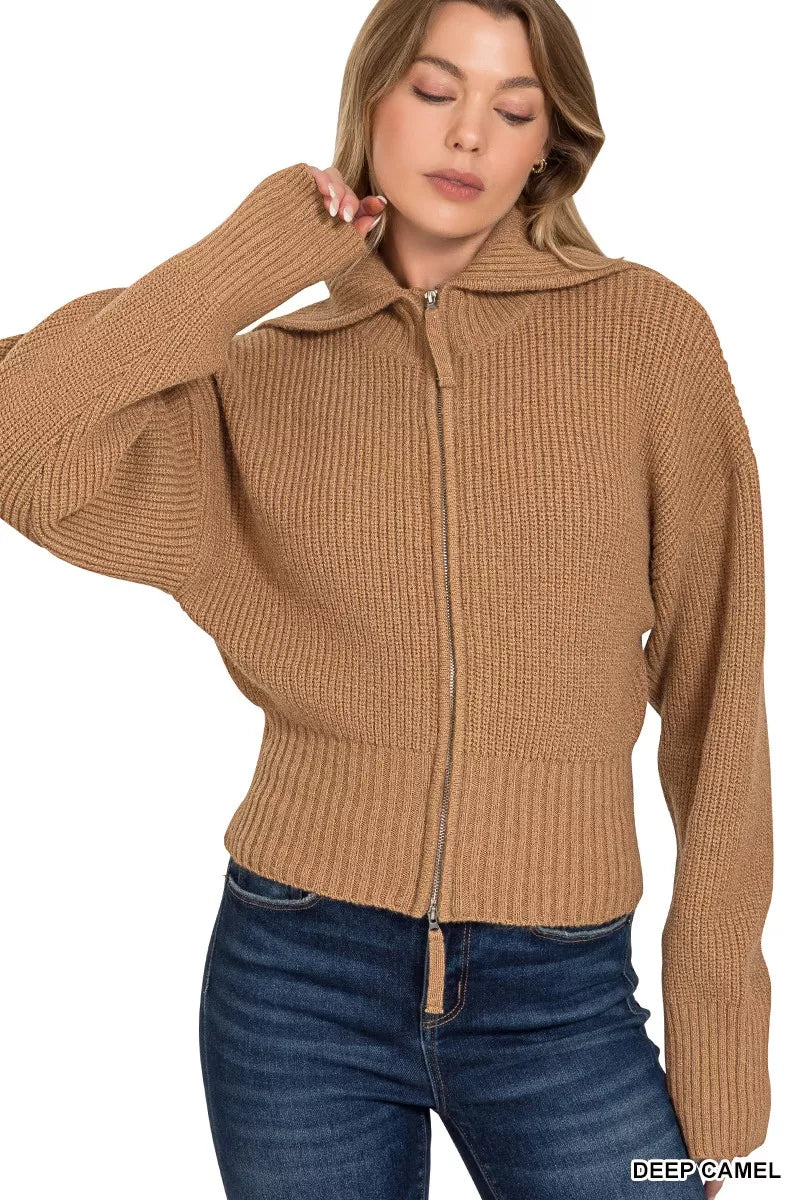 Zenana Ribbed Collared Zip Up Sweater Cardigan in Camel