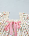Floral Contrast Ribbon Bow Lace Square Mini Dress