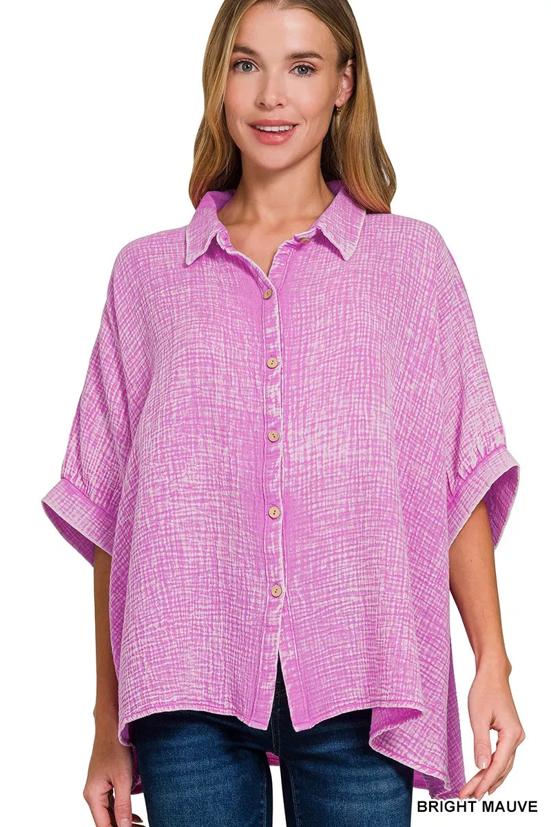 Zenana Washed Double Gauze Button Down Half Sleeve Shirt in Mauve