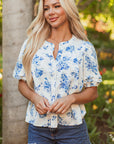 Floral Tiered Puff Sleeve Pleated Bust Buttoned Shirt
