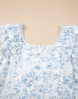Floral Bow-Back Square Neck Ruffle Sleeve Blouse
