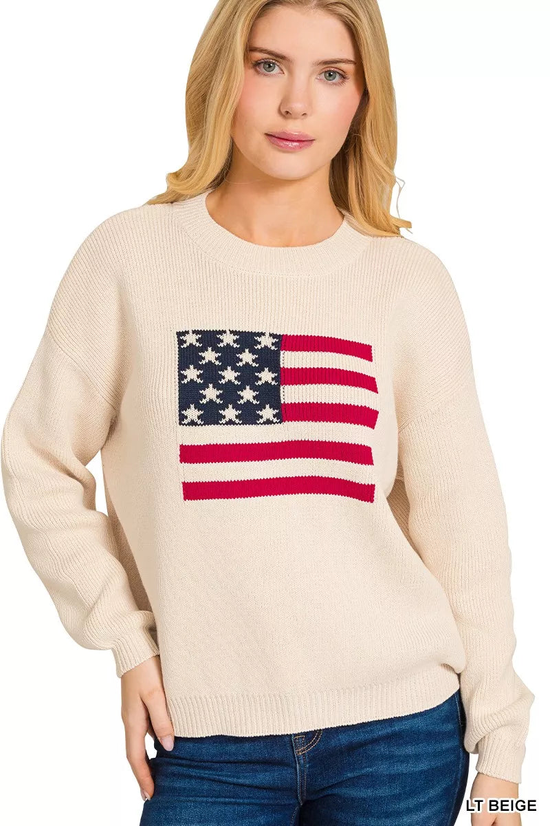 Zenana American Flag Crew Neck Sweater in Beige