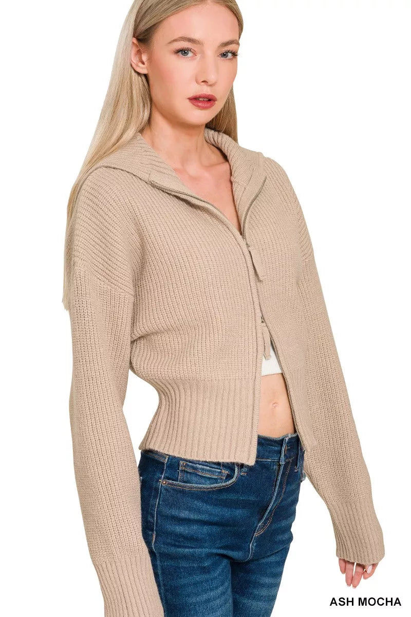 Zenana Ribbed Collared Zip Up Sweater Cardigan in Mocha