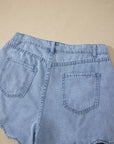Solid Denim Scalloped Trim High Waist Shorts