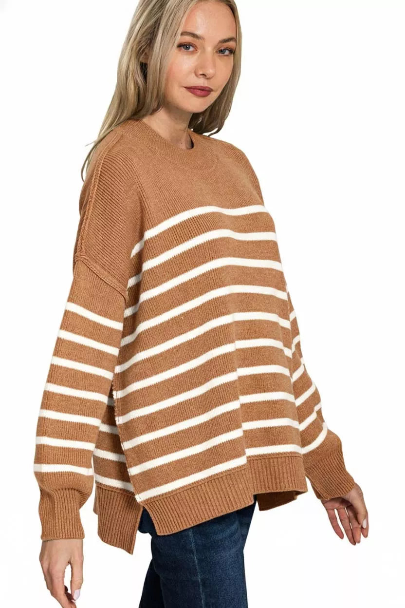 Zenana Exposed Seam Striped Oversized Sweater in Camel