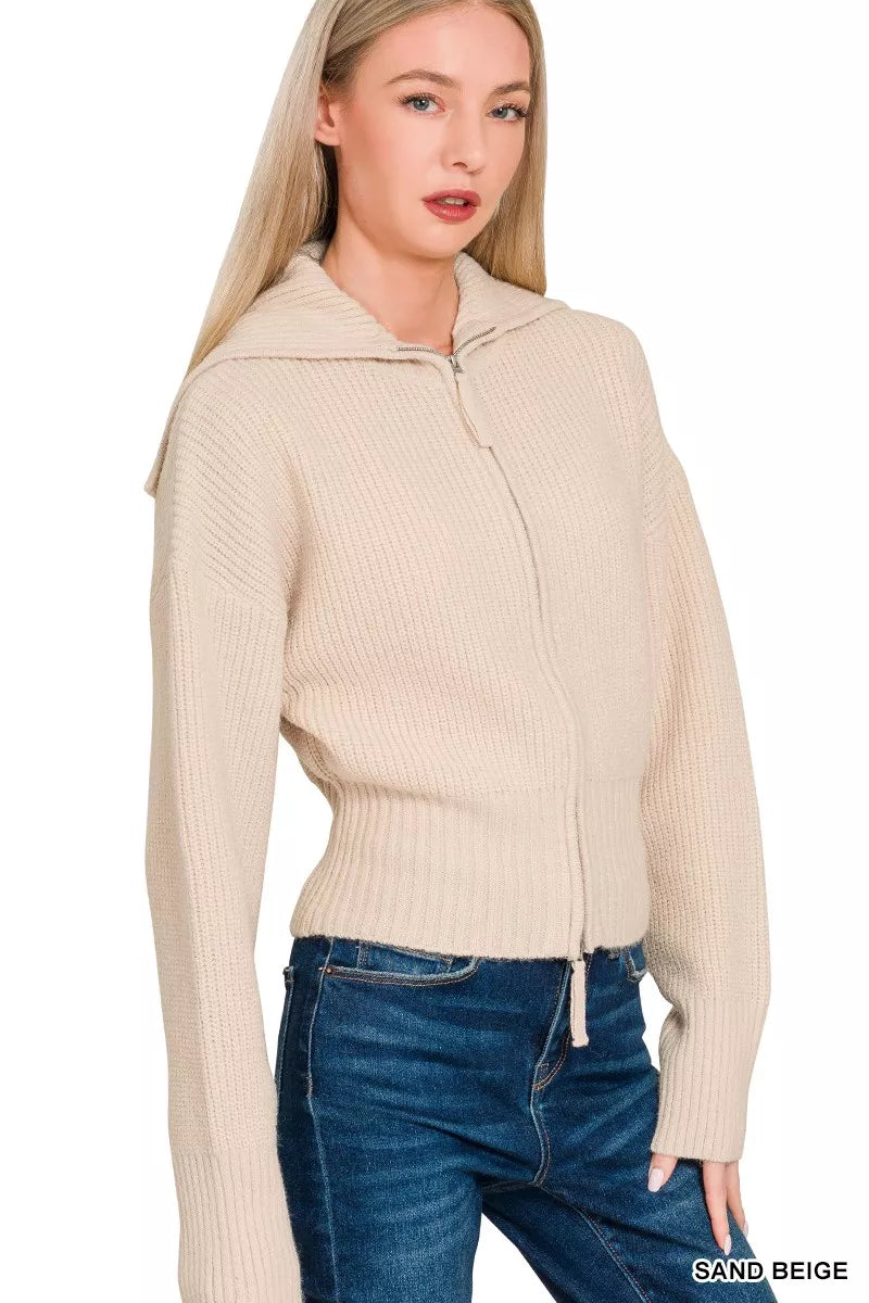 Zenana Ribbed Collared Zip Up Sweater Cardigan in Beige