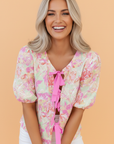 Floral Ribbon Tie Front Puff Sleeve Blouse