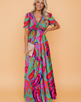 Floral Frilled V-Neck Short Sleeve Maxi Dress
