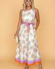 Floral Colorblock Trim Belted Sleeveless Maxi Dress