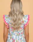 Floral Colorblock Flutter Sleeve Half Button Blouse