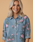 Floral Denim 3/4 Sleeve Buttoned Shirt