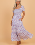 Floral Bubble Sleeve Shirred Waist Maxi Dress