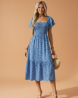 Floral Smocked Square Neck Ruffle Sleeve Dress