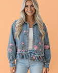 Floral Denim Raw Seam Ruffle Hem Jacket