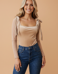 Solid Velvet Knot Square Neck Long Sleeve Bodysuit