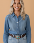 Western Embroidered Denim Collared Long Sleeve Shirt