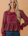 Plaid Collared Bow Tie Ruffle Long Sleeve Blouse