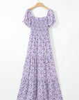 Floral Bubble Sleeve Shirred High Waist Maxi Dress