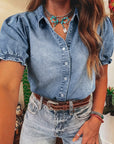 Denim Frilled Short Sleeve Snap Button Shirt