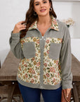 Plus Size Floral Patchwork Corduroy Pocketed Jacket