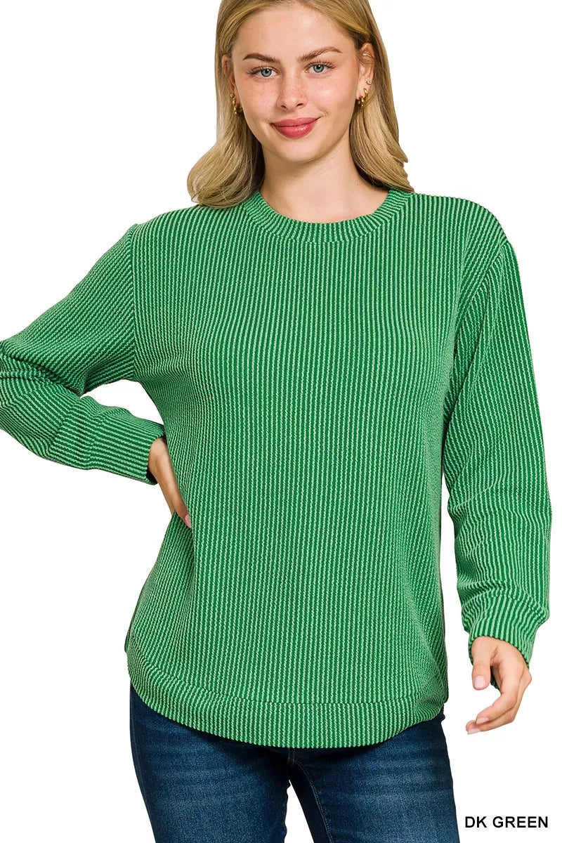 Zenana Full Size Raised Rib Round Neck Long Sleeve Top Plus Size in Green