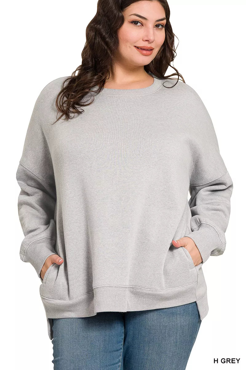 Zenana Full Size Fleece Hi-low Boyfriend Sweatshirts with Pockets Plus Size in Grey