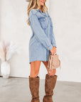 Solid Denim Chest Pocket Raw Hem Shirt Dress