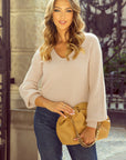 Bow Back Lantern Sleeve V-Neck Sweater