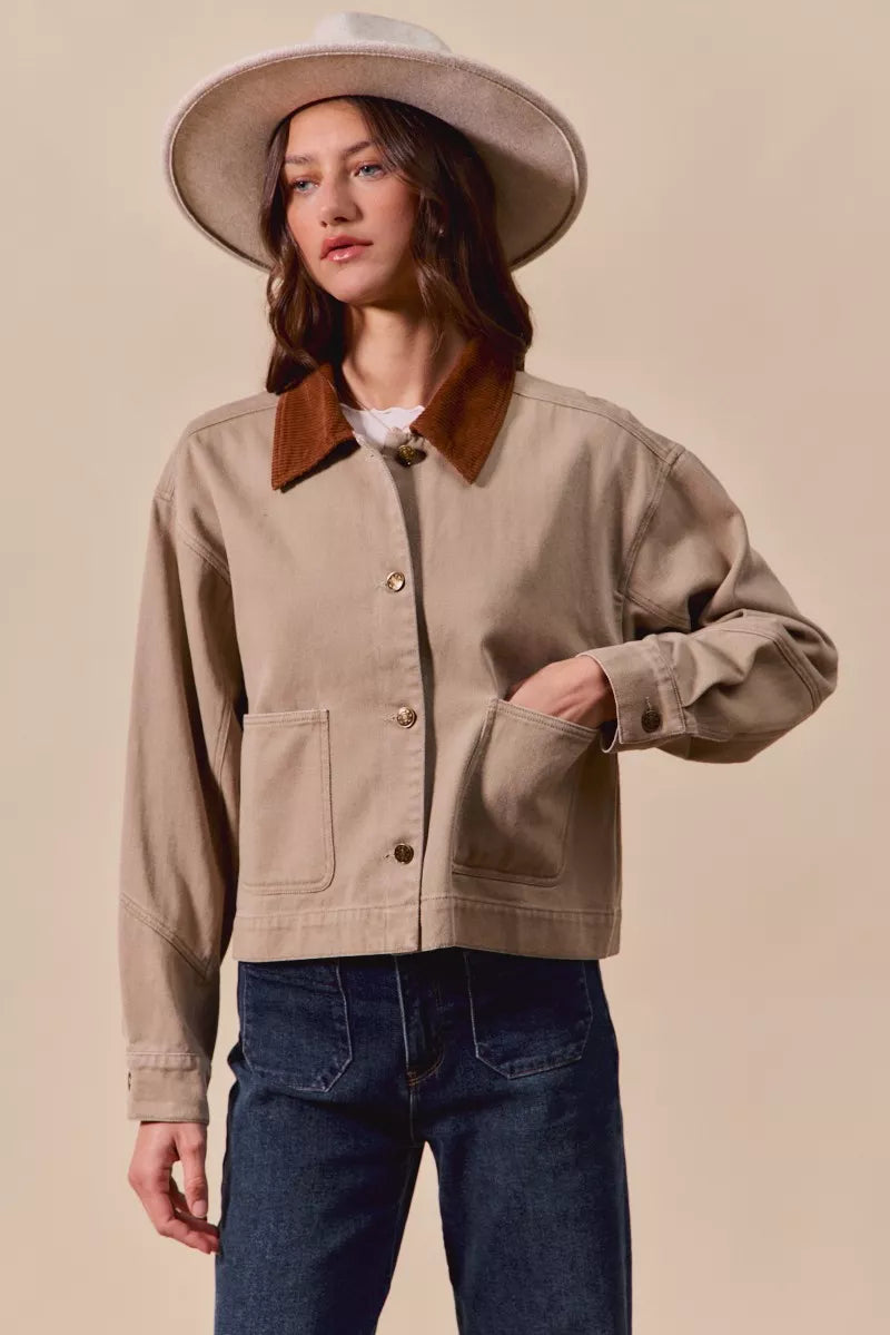 SO ME Cotton Twill Cropped Barn Jacket wtih Collar