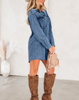 Solid Denim Chest Pocket Raw Hem Shirt Dress