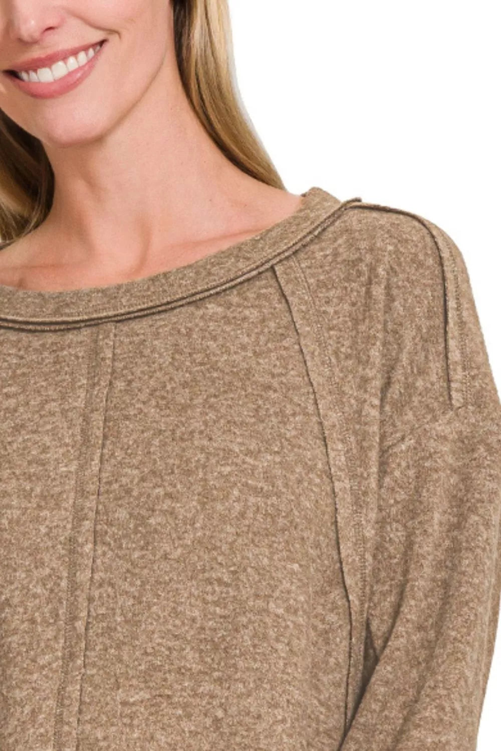 Zenana Brushed Hacci Exposed Seam Hi Low Sweater in Mocha