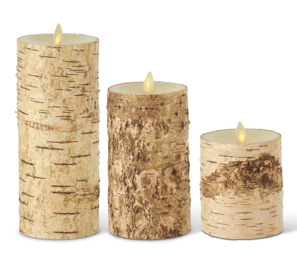 Set of 3 Birch Bark Wax Indoor Pillar Luminara Indoor Pillar Candles w Remote
