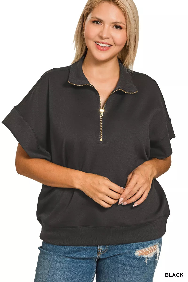 Zenana Full Size Scuba High Neck Half Zip Short Sleeve Top Plus Size in Black