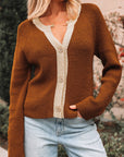 Contrast Trim Buttoned V-Neck Cropped Cardigan