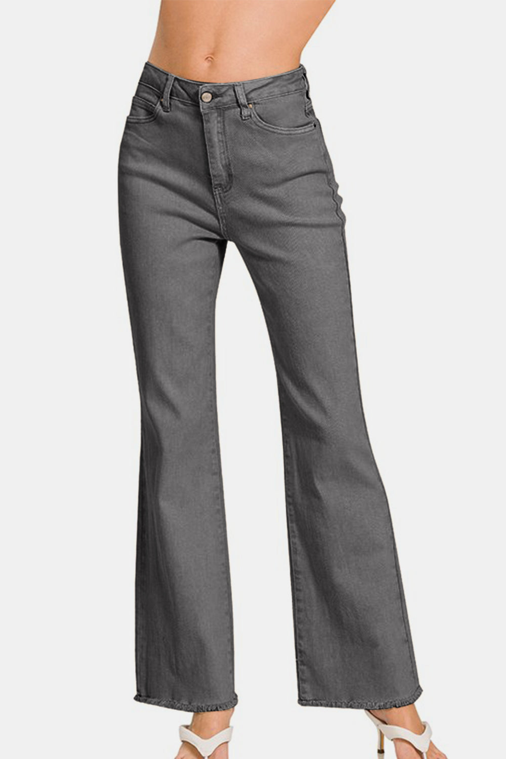 Zenana Acid Washed Frayed Hem Bootcut Jeans in Dark Gray