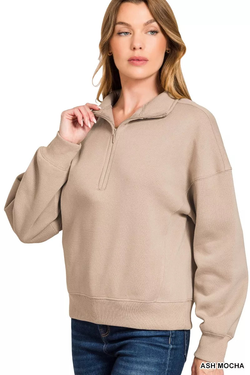 Zenana Fleece High Neck Half Zip Sweatshirt in Mocha