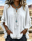 Women's Boho V-Neck Lace-Up Ruffle Sleeve Blouse – Lace Trim