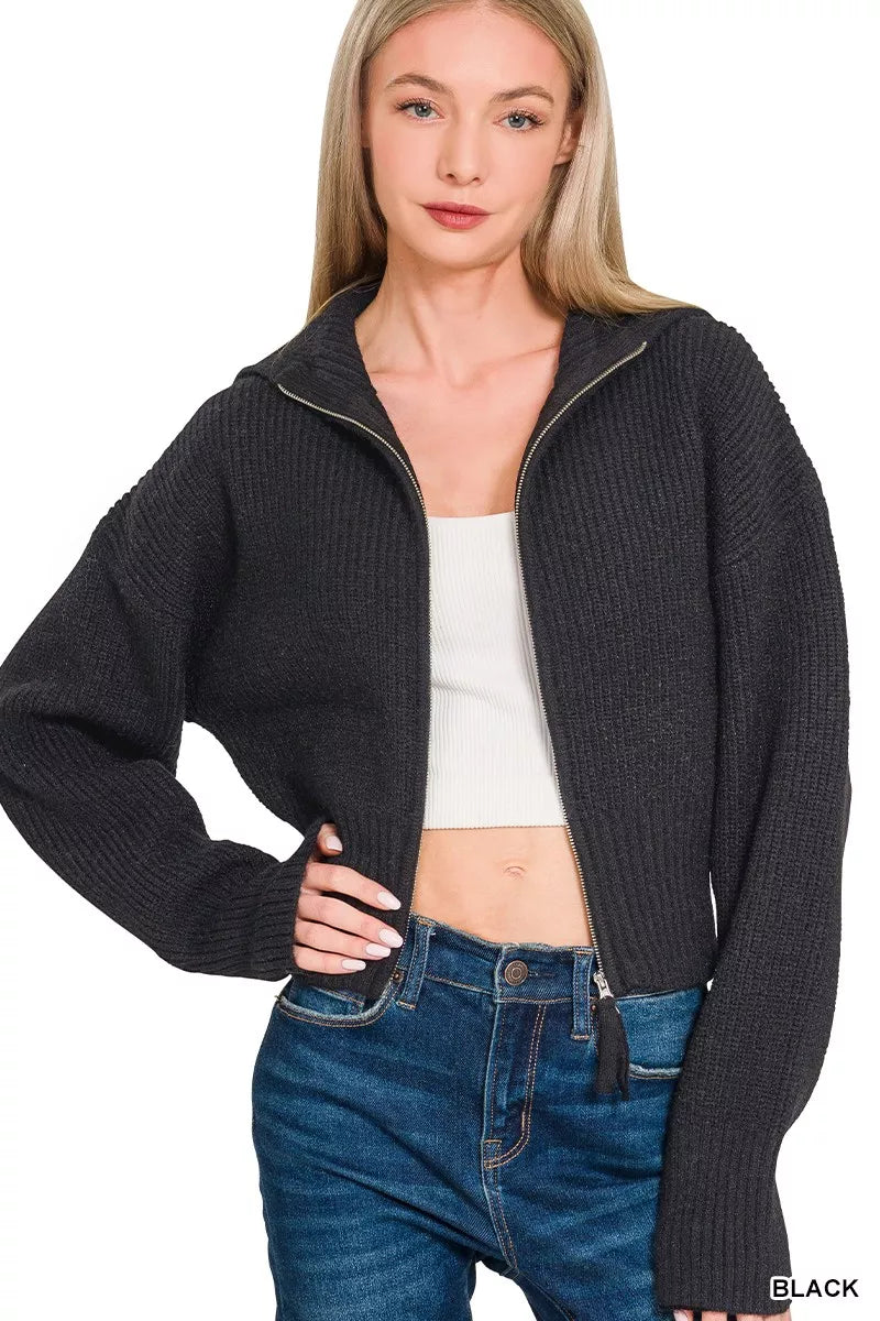 Zenana Ribbed Collared Zip Up Sweater Cardigan in Black