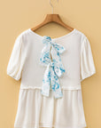 Floral Bow Tie Back Bubble Sleeve Peplum Top