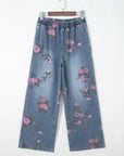 Floral Denim Elastic Waist Straight Leg Jeans