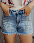 Western Embroidered Studded Denim Shorts