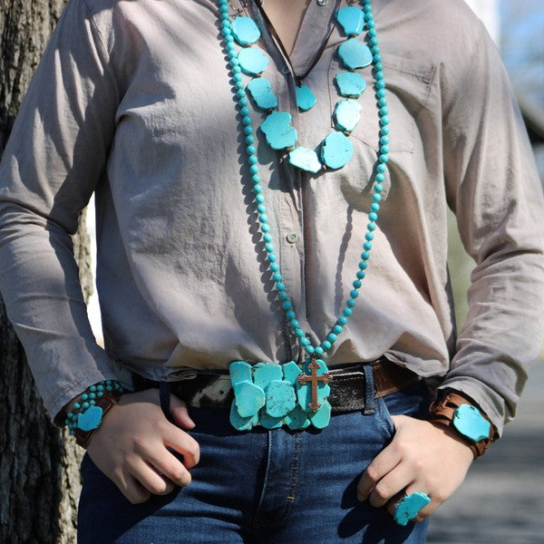 Blue Turquoise Slab on Dusty Leather Cuff