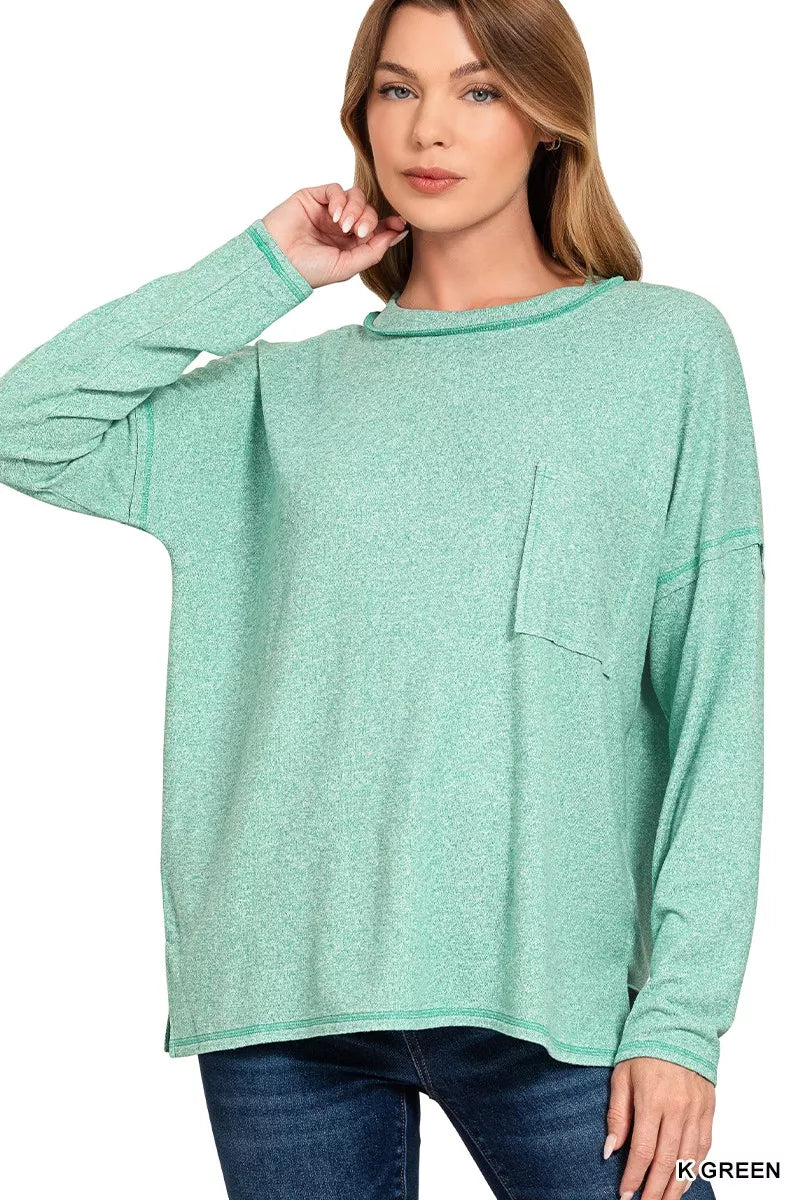 Zenana Soft Melange Hacci Round-Neck Long Sleeve T-Shirt in Green