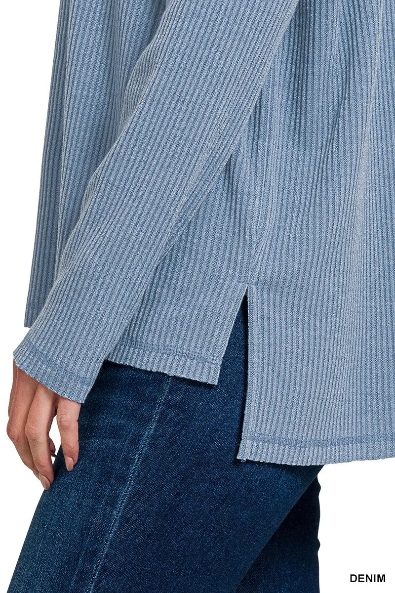 Zenana Ribbed Drop Shoulder Round Neck Sweater in Denim