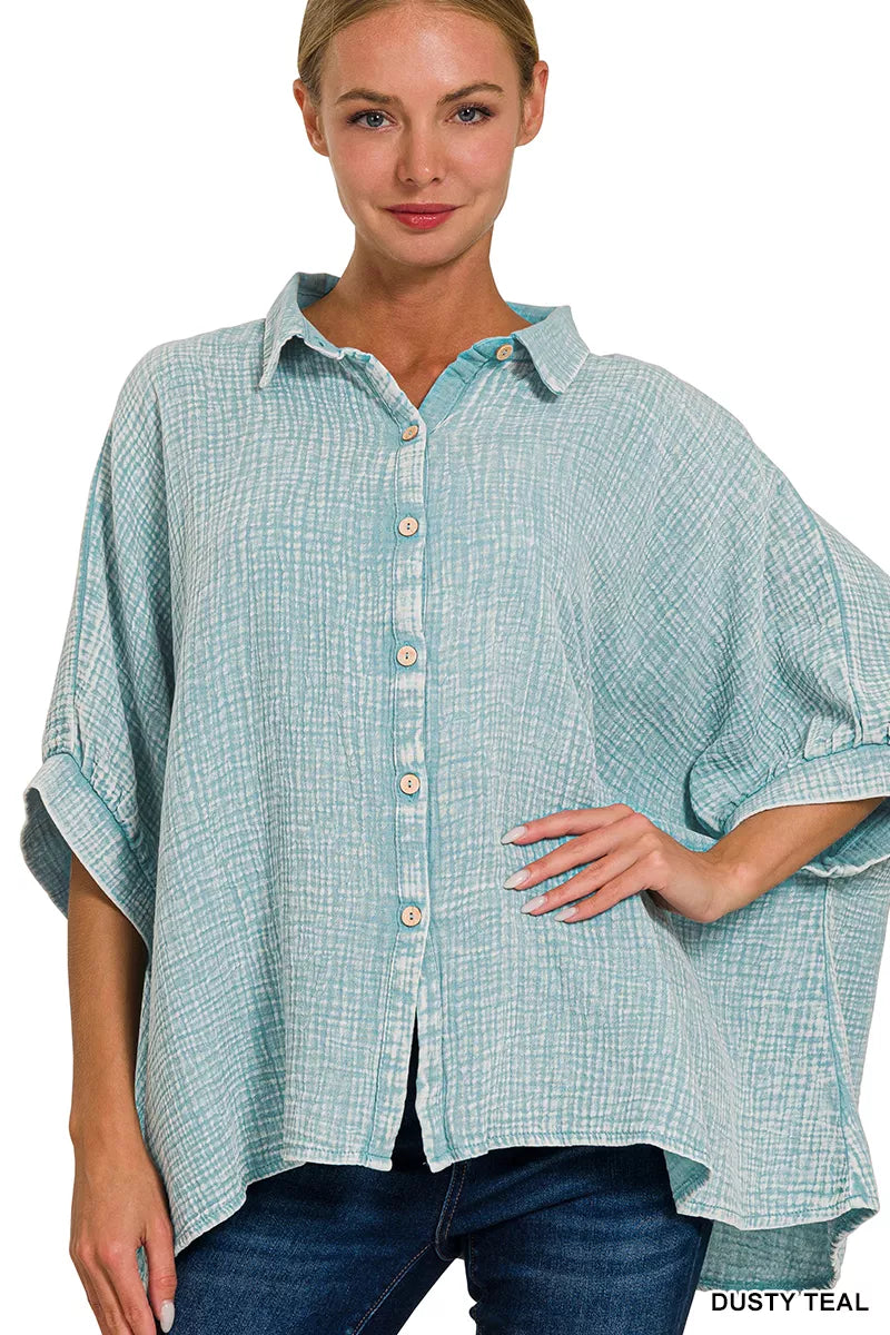 Zenana Washed Double Gauze Button Down Half Sleeve Shirt in Teal