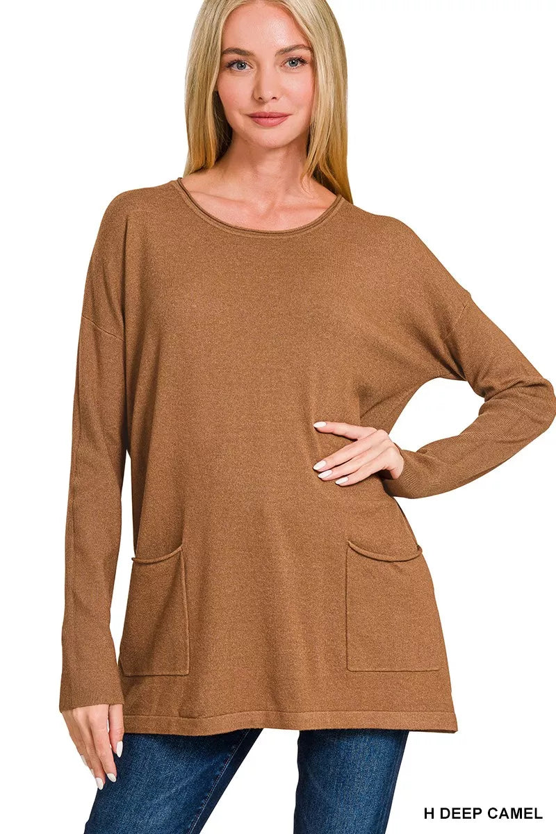 Zenana Viscose Long Sleeve Front Pockets Sweater in Camel
