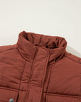 Solid Quilted Stand-Neck Zip-Up Buttoned Puffer Coat