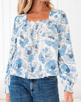Floral Frilly Smocked Square Neck Long Sleeve Blouse