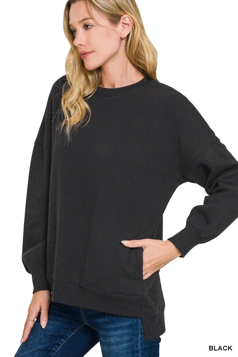 Zenana Full Size Fleece Hi-low Boyfriend Sweatshirts with Pockets Plus Size in Black