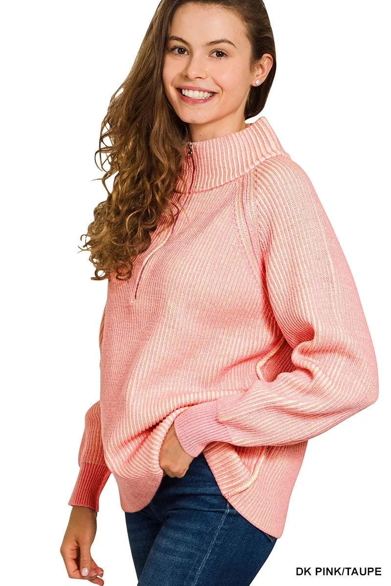 Zenana Ribbed Two Tone Half Zip Sweater in Pink - Taupe